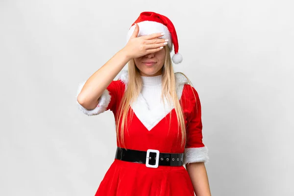 Mulher Loira Jovem Com Chapéu Natal Sobre Fundo Branco Isolado — Fotografia de Stock