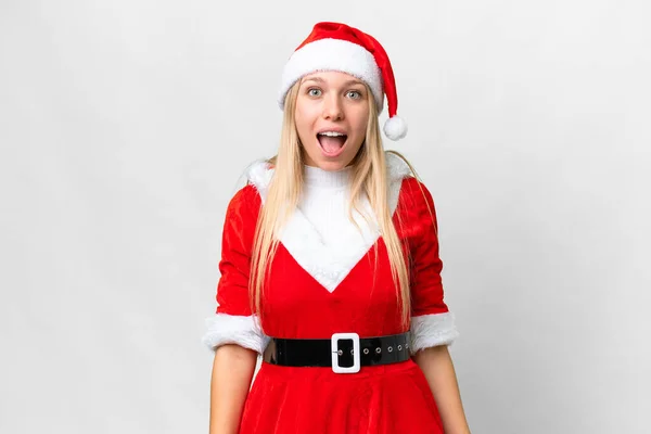 Young Blonde Woman Christmas Hat Isolated White Background Surprise Facial — Fotografia de Stock