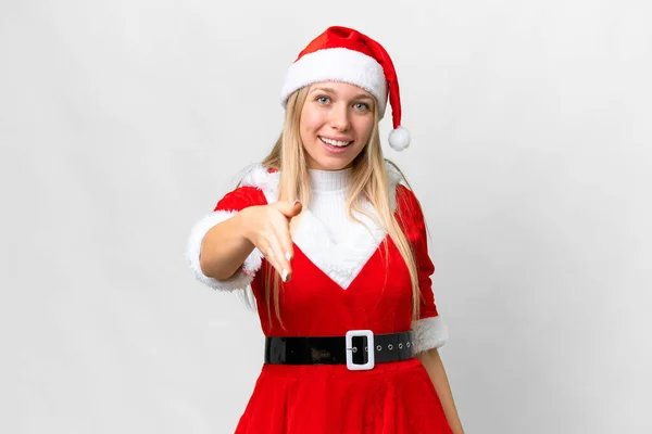 若いですブロンド女性とともにクリスマス帽子以上隔離されたホワイト背景シャーク手のために閉鎖良い取引 — ストック写真