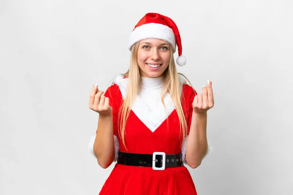 Fiatal Szőke Karácsony Kalap Felett Elszigetelt Fehér Háttér Pénzt Gesztus — Stock Fotó