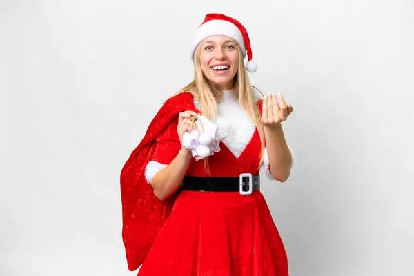 Молодая Блондинка Рождественской Шляпе Изолированном Белом Фоне Приглашает Прийти Рукой — стоковое фото