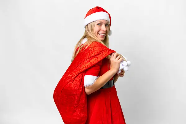 Fiatal Szőke Karácsony Kalap Felett Elszigetelt Fehér Háttér Boldog Kifejezés — Stock Fotó