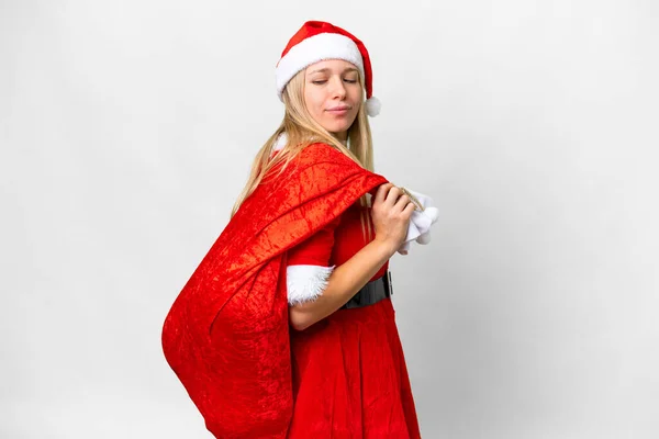 Genç Sarışın Kadın Noel Şapkası Takmış Soyutlanmış Üzgün Bir Ifadeyle — Stok fotoğraf