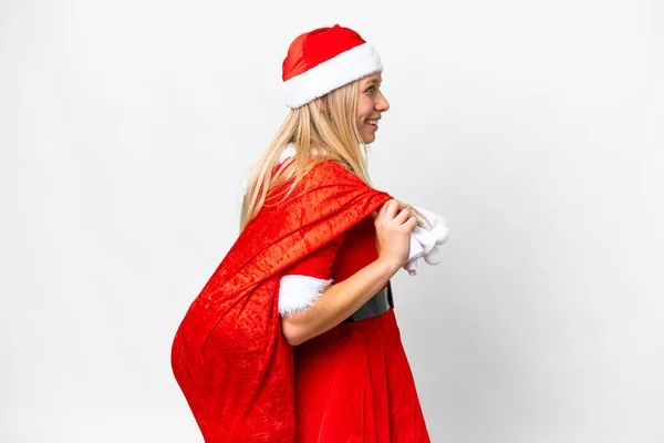 Young Blonde Woman Christmas Hat Isolated White Background Happy Expression — Zdjęcie stockowe