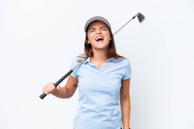 Young caucasian woman playing golf isolated on white background laughing