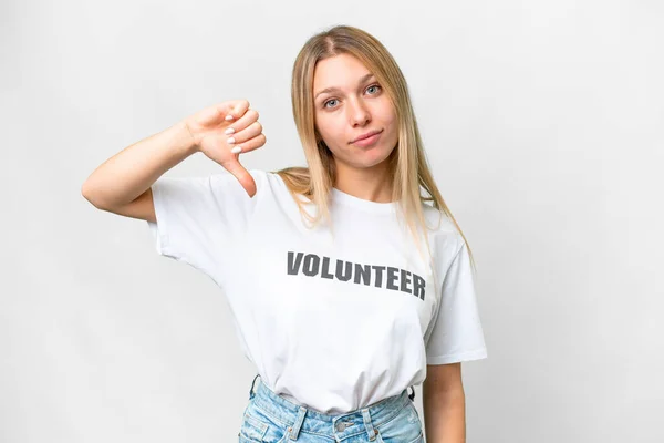 Mujer Voluntaria Joven Sobre Fondo Blanco Aislado Mostrando Pulgar Hacia — Foto de Stock