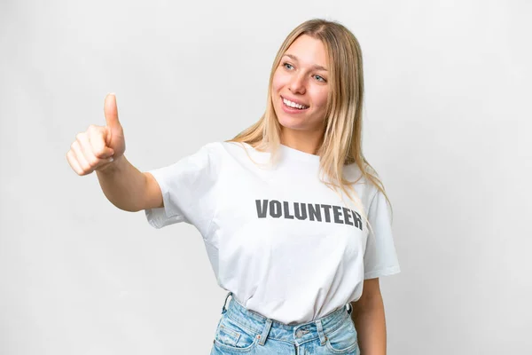 Joven Voluntaria Sobre Fondo Blanco Aislado Dando Gesto Pulgares Hacia —  Fotos de Stock
