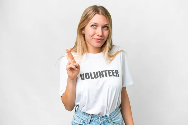 Mujer Voluntaria Joven Sobre Fondo Blanco Aislado Con Los Dedos — Foto de Stock