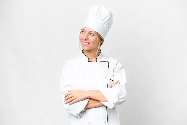 Giovane Donna Chef Isolato Sfondo Bianco Cercando Lato — Foto Stock