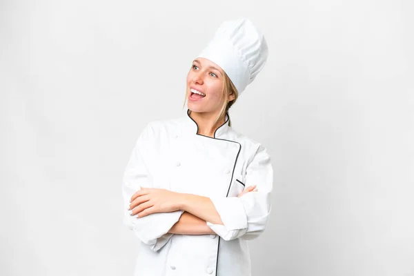 Giovane Donna Chef Sfondo Bianco Isolato Felice Sorridente — Foto Stock