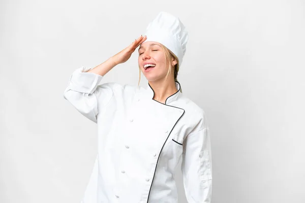 Giovane Chef Donna Sfondo Bianco Isolato Realizzato Qualcosa Intendere Soluzione — Foto Stock