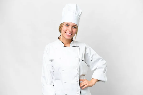 Giovane Chef Donna Oltre Isolato Sfondo Bianco Ridere — Foto Stock