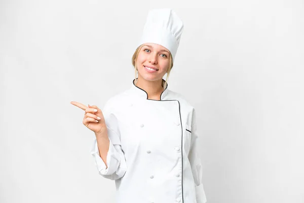 Jovem Chef Mulher Sobre Isolado Fundo Branco Apontando Dedo Para — Fotografia de Stock