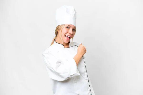 Giovane Chef Donna Sfondo Bianco Isolato Che Celebra Una Vittoria — Foto Stock