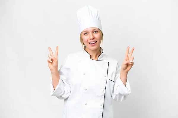Giovane Donna Chef Sfondo Bianco Isolato Mostrando Segno Vittoria Con — Foto Stock