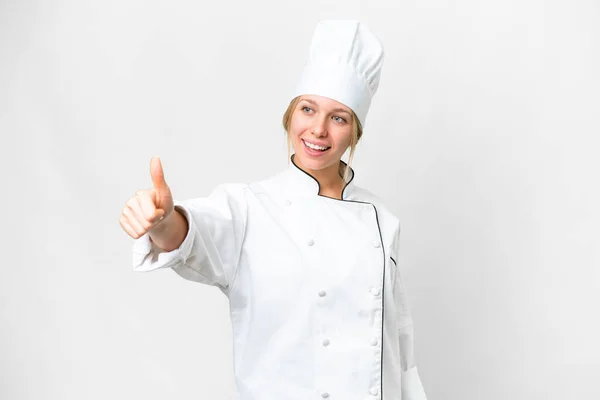 Jonge Chef Kok Vrouw Geïsoleerde Witte Achtergrond Geven Een Duim — Stockfoto