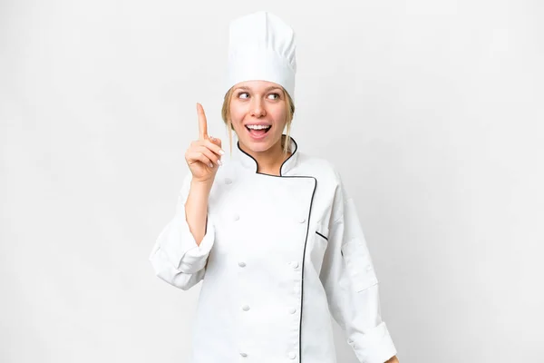 Mladý Kuchař Žena Přes Izolované Bílé Pozadí Úmyslem Realizovat Řešení — Stock fotografie