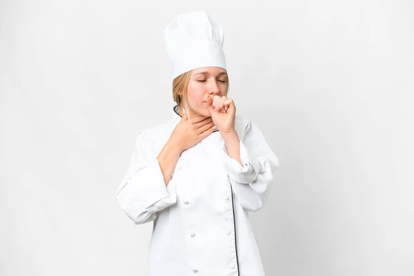 Giovane Donna Chef Sfondo Bianco Isolato Sta Soffrendo Tosse Sentirsi — Foto Stock