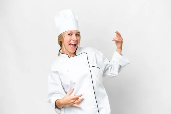 Giovane Chef Donna Sfondo Bianco Isolato Facendo Gesto Chitarra — Foto Stock