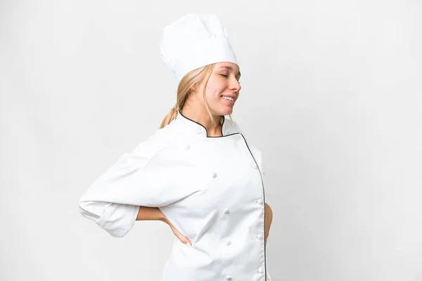 Giovane Chef Donna Sfondo Bianco Isolato Che Soffre Mal Schiena — Foto Stock