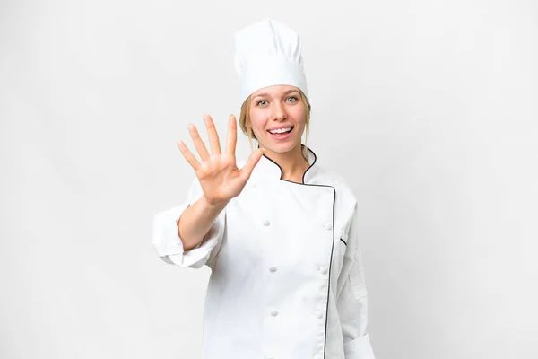 Mladý Kuchař Žena Přes Izolované Bílé Pozadí Počítání Pět Prsty — Stock fotografie