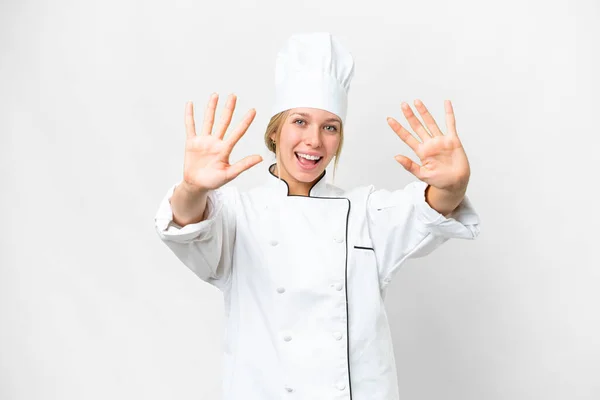 Mladý Kuchař Žena Přes Izolované Bílé Pozadí Počítání Deset Prsty — Stock fotografie