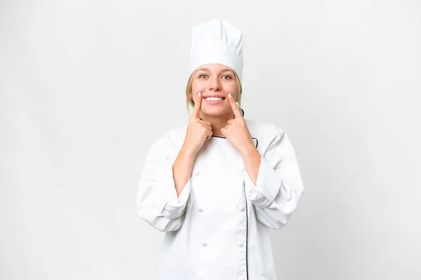 Giovane Chef Donna Sfondo Bianco Isolato Sorridente Con Una Felice — Foto Stock