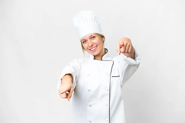 Joven Chef Mujer Sobre Aislado Fondo Blanco Señala Dedo Usted —  Fotos de Stock