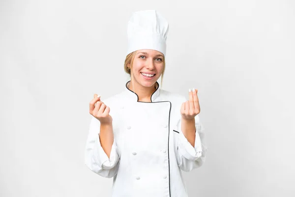 Giovane Chef Donna Oltre Isolato Sfondo Bianco Fare Soldi Gesto — Foto Stock