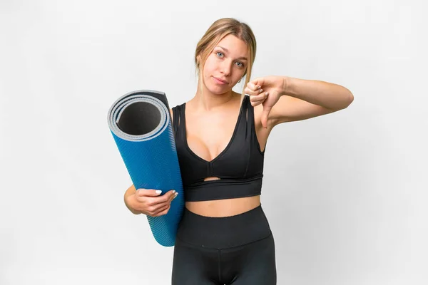 Blonde Sport Woman Going Yoga Classes While Holding Mat Isolated — Stock Photo, Image
