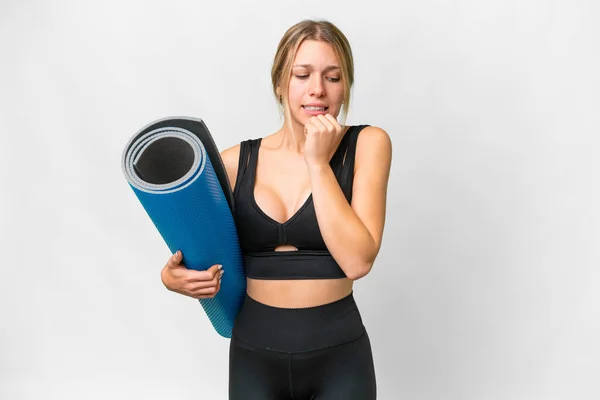 Blonde Sport Woman Going Yoga Classes While Holding Mat Isolated — 图库照片