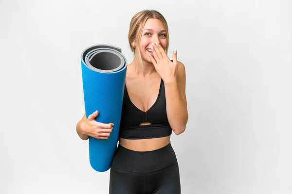 Blonde Sport Woman Going Yoga Classes While Holding Mat Isolated — Stock Photo, Image