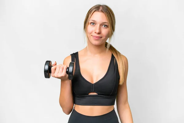 Blonde Sport Woman Making Weightlifting Isolated White Background Smiling Lot —  Fotos de Stock