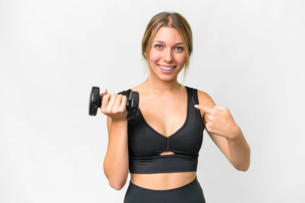 Blonde Sport Woman Making Weightlifting Isolated White Background Surprise Facial — Foto Stock
