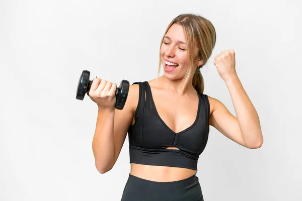 Blonde Sport Woman Making Weightlifting Isolated White Background Celebrating Victory — Stock Photo, Image