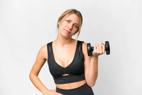 Blonde Sport Woman Making Weightlifting Isolated White Background Sad Expression — Stock Photo, Image
