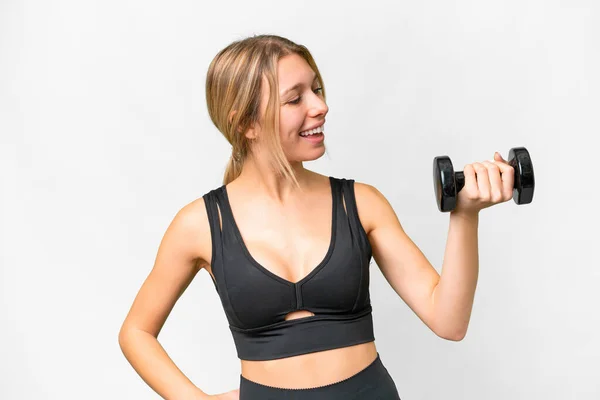 Blonde Sport Woman Making Weightlifting Isolated White Background Happy Expression — Foto Stock