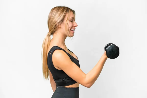 Blonde Sport Woman Making Weightlifting Isolated White Background Happy Expression — Stock fotografie