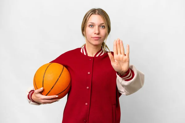 Jeune Femme Blonde Jouant Basket Sur Fond Isolé Faisant Geste — Photo