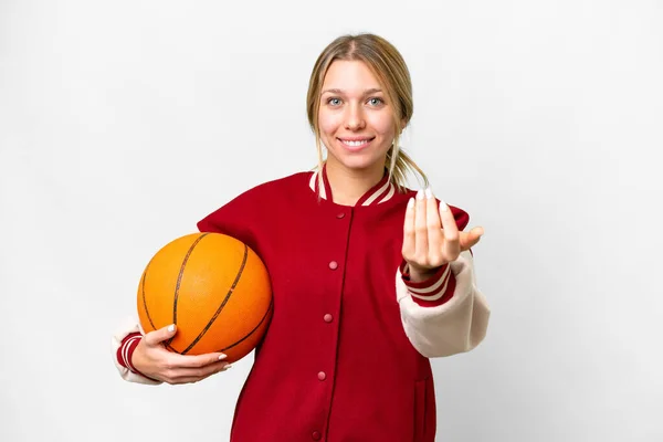 Jonge Blonde Vrouw Basketbal Spelen Geïsoleerde Achtergrond Uitnodigen Komen Met — Stockfoto