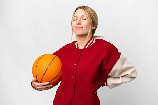 Basketbol Oynayan Genç Sarışın Kadın Izole Bir Arka Planda Çabaladığı — Stok fotoğraf