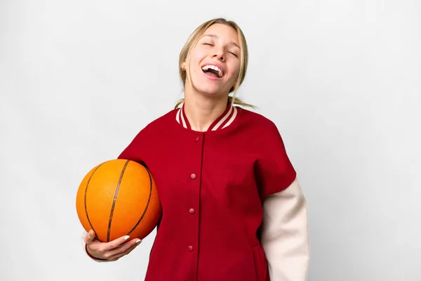 Young Blonde Woman Playing Basketball Isolated Background Laughing — Foto Stock