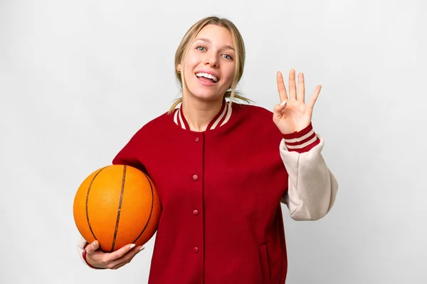 若いですブロンド女性遊びバスケットボール上の隔離された背景Saltingとともに手で幸せな式 — ストック写真