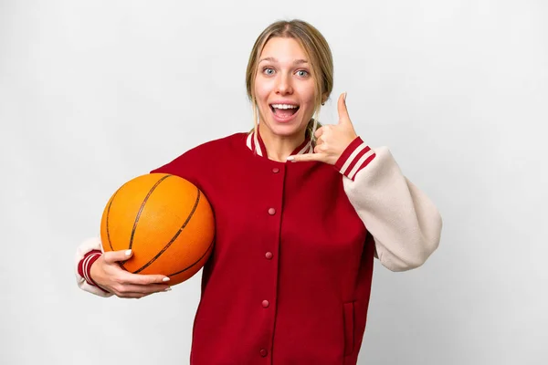Jonge Blonde Vrouw Basketbal Spelen Geïsoleerde Achtergrond Maken Telefoon Gebaar — Stockfoto