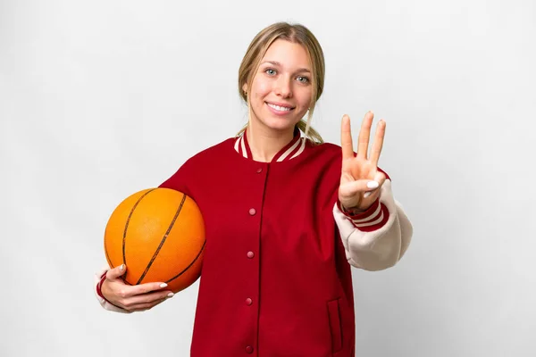 年轻的金发女子在孤独的背景下打篮球快乐地打篮球 用手指数着三声 — 图库照片