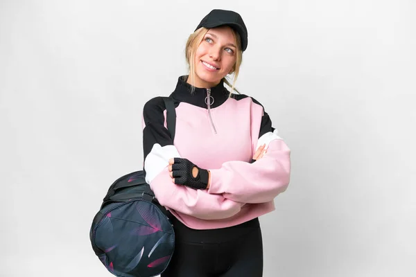 Hübsche Sportlerin Mit Sporttasche Über Isoliertem Weißem Hintergrund Die Lächelnd — Stockfoto