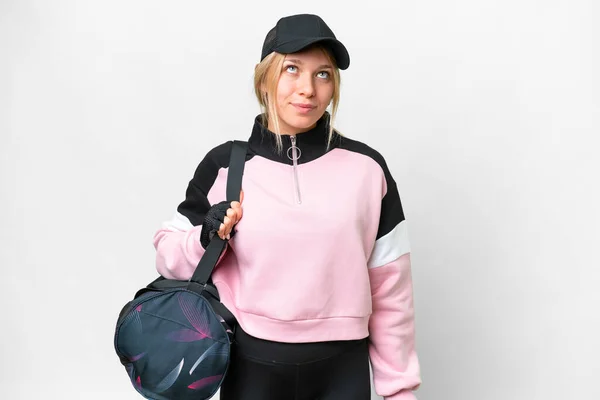 Pretty Sport Woman Sport Bag Isolated White Background Looking — Stock Photo, Image