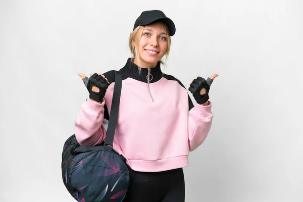 Pretty Sport Woman Sport Bag Isolated White Background Thumbs Gesture — Stock Photo, Image