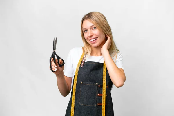 Young Blonde Seamstress Woman Isolated White Background Laughing — Stock Photo, Image