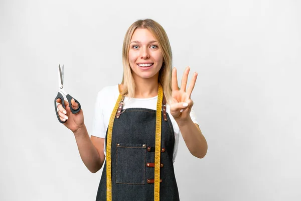 Young Blonde Seamstress Woman Isolated White Background Happy Counting Three — Stock Photo, Image